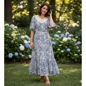 Lucky Brand Blue & White Paisley Boho Maxi Dress | V-Neck Puff Sleeve Rayon | Si